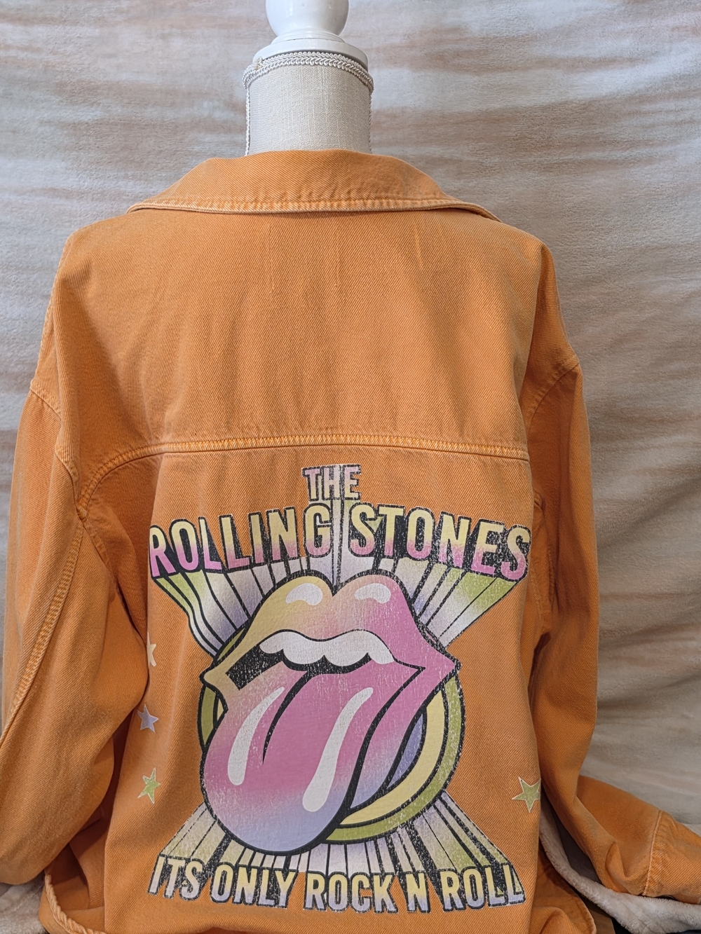 Zara Orange Rolling Stones Graphic Oversized Jean Jacket